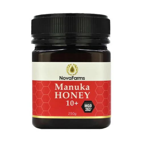Hũ mật ong Manuka NovaFarms 10+ MGO 263+ 250g, nắp đen, nhãn đỏ