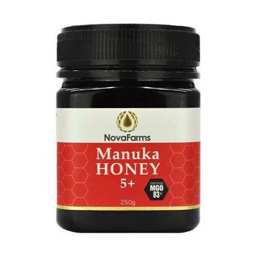 Hũ mật ong Manuka NovaFarms 5+ MGO 83+ 250g, nắp đen, nhãn đỏ